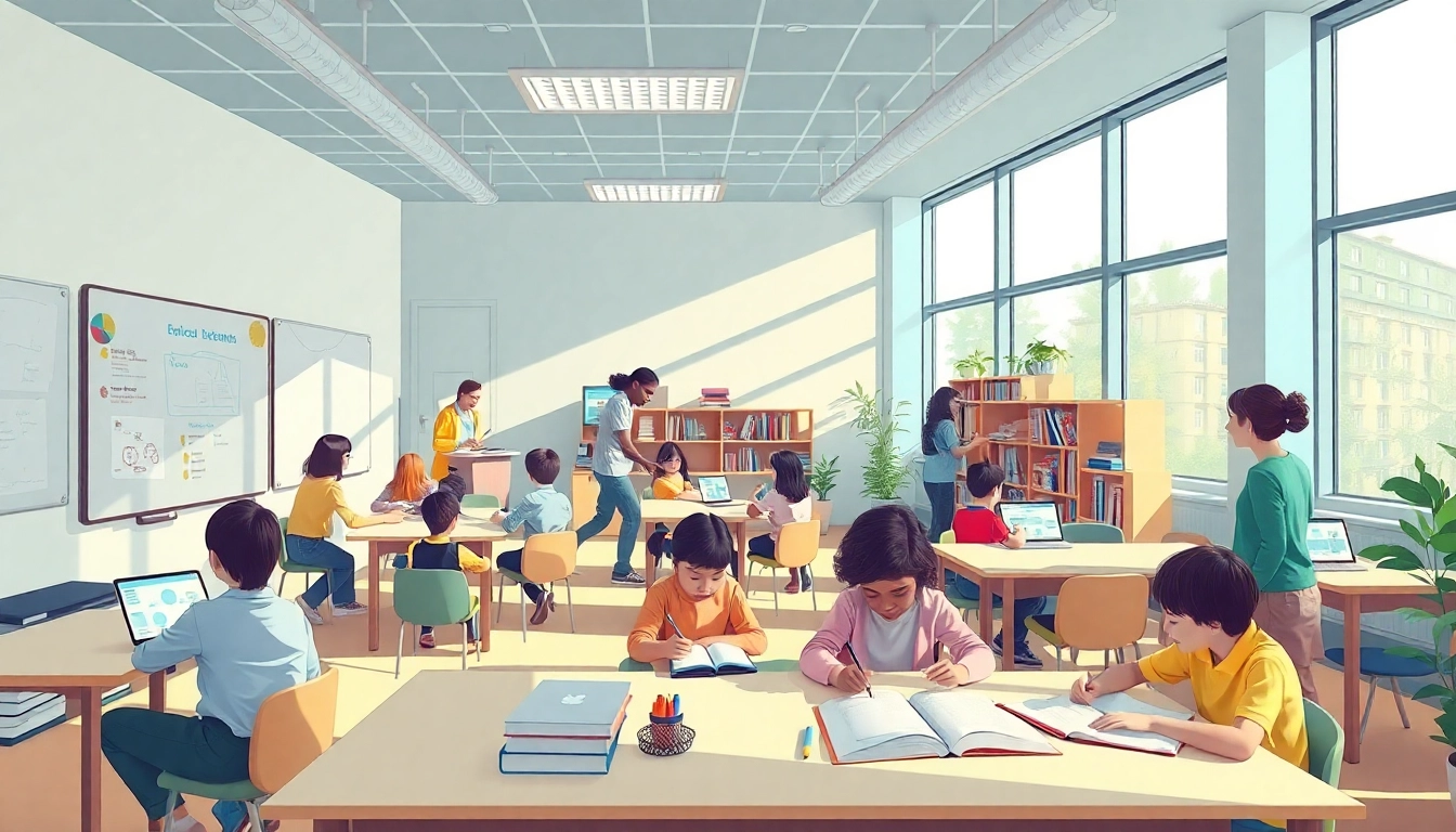 Dynamic education scene showcasing innovative learning tools and diverse students.