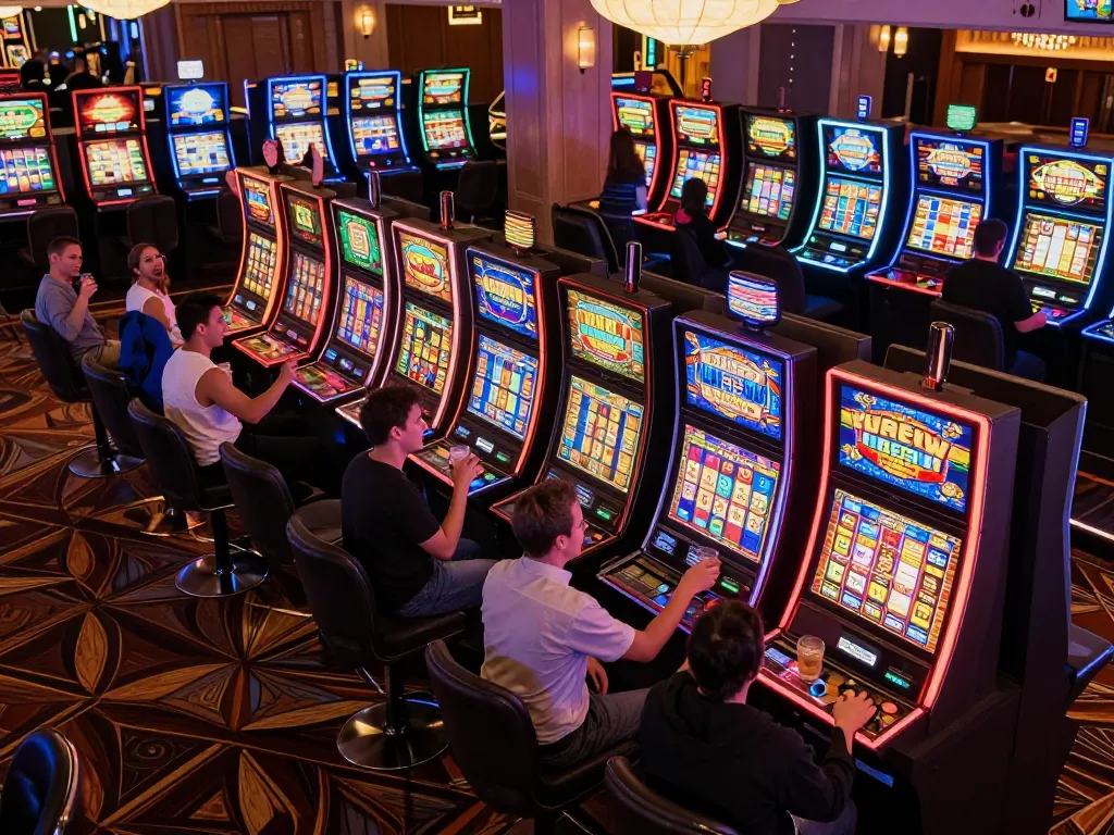 Players engaging in slot bet 100 at a vibrant casino slot machine area.