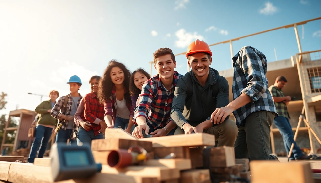 Dynamic scene of a construction apprenticeship where individuals learn essential skills amidst a worksite.