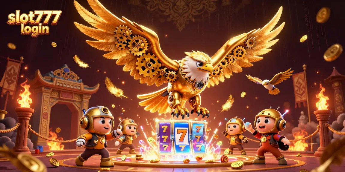 Slot777 login untuk bermain mesin slot distrik kasino dengan simbol keberuntungan dan koin emas.