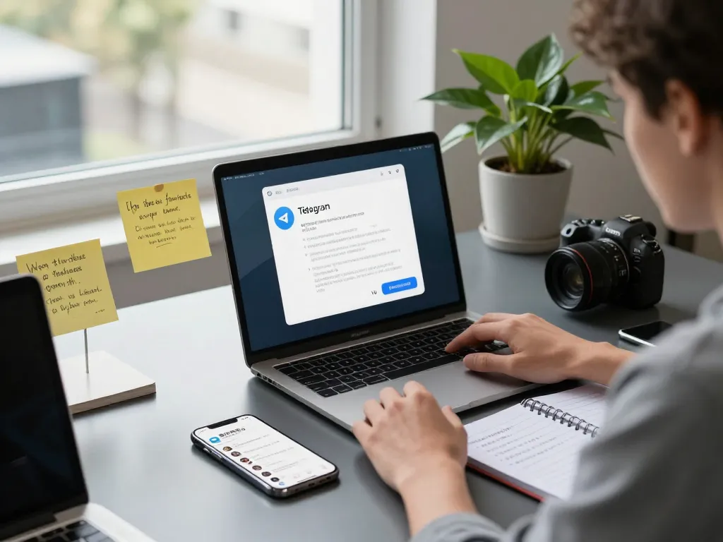 Modern workspace showcasing Telegram 中文 setup, featuring MacBook and smartphone in an inviting tech environment.