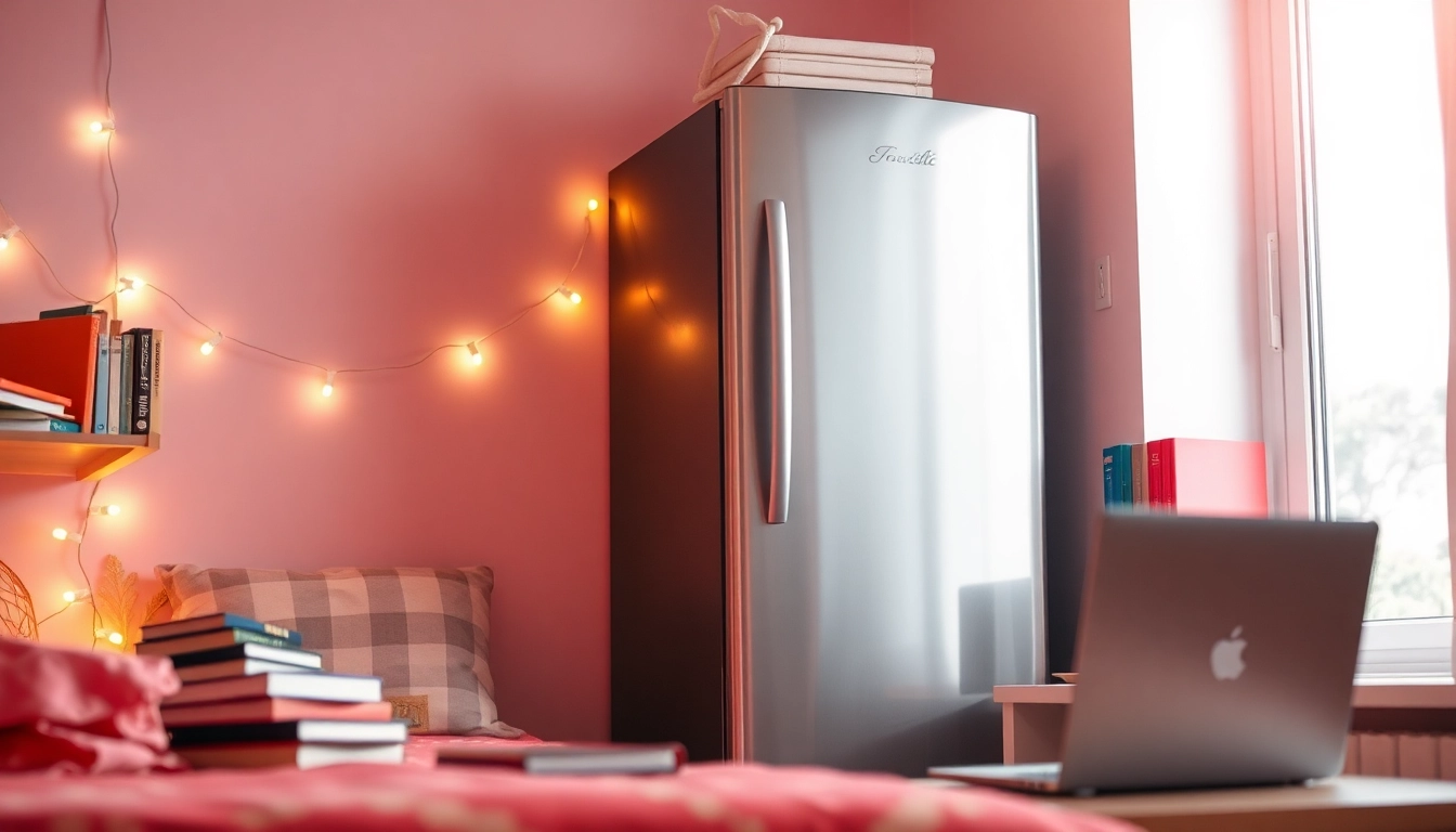 Stylish dorm room fridge in a cozy student room with study elements and warm lighting.