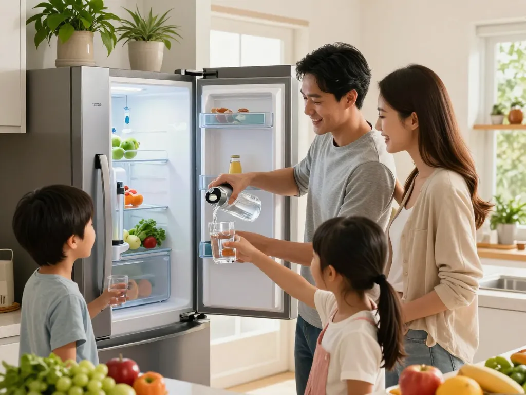 Family enjoying purified water from Waterdrop MSWF Refrigerator Water Filter in a bright kitchen