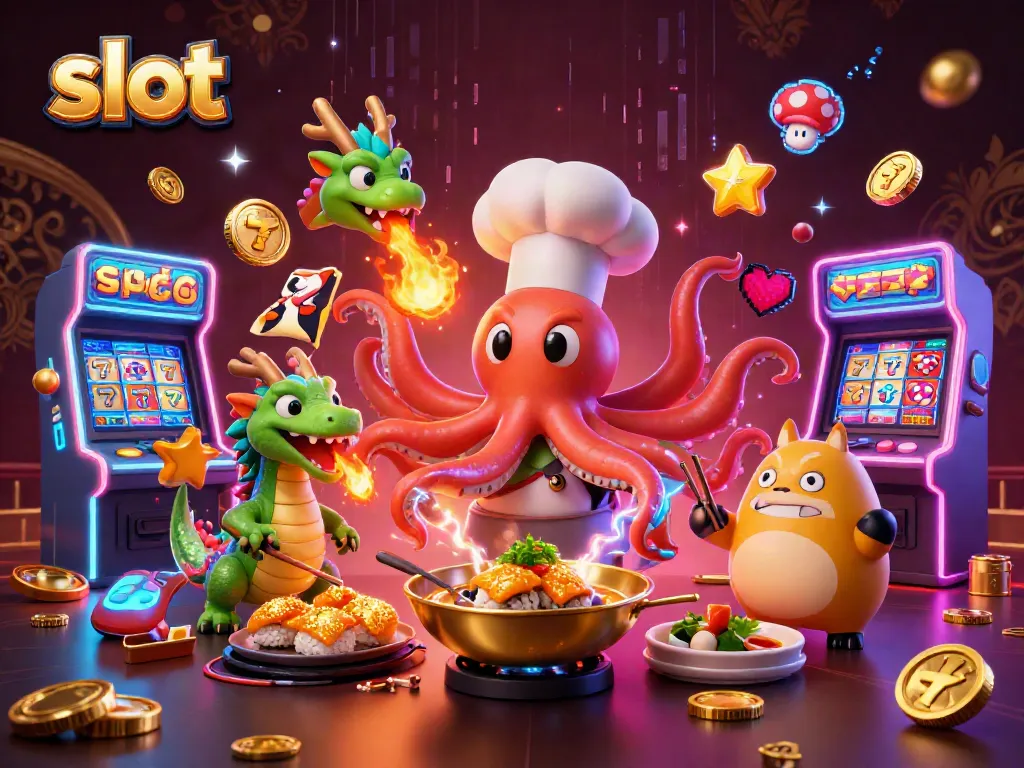 Engaging slot-themed illustration featuring characters preparing golden dishes while surrounded by vibrant slot reels.