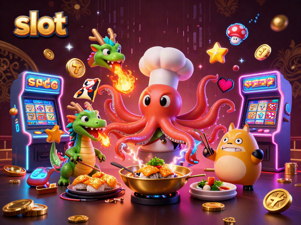 Engaging slot-themed illustration featuring characters preparing golden dishes while surrounded by vibrant slot reels.