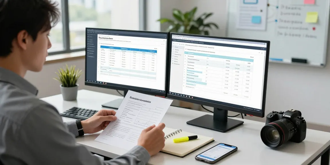 Business analyst using technology to detect fake invoices in a modern office setting