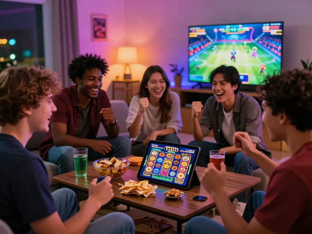 Friends celebrating a big win on luxury12 slot game in a lively, colorful gaming environment.