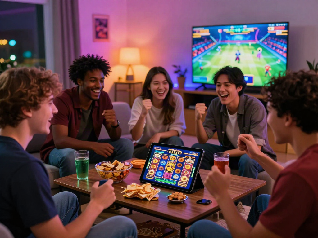 Friends celebrating a big win on luxury12 slot game in a lively, colorful gaming environment.