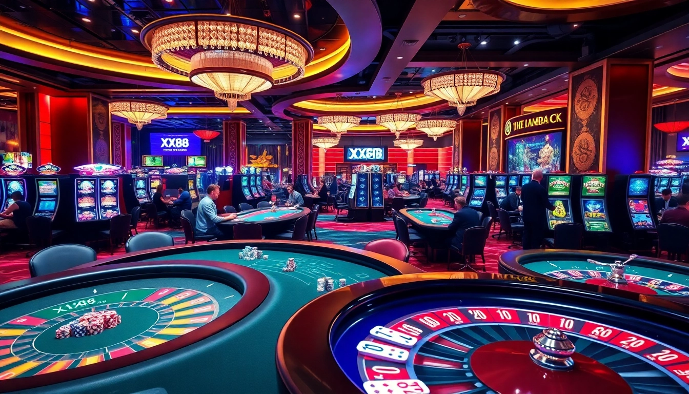 Engaging players at a luxurious XX88 casino, showcasing vibrant gaming tables and slot machines.