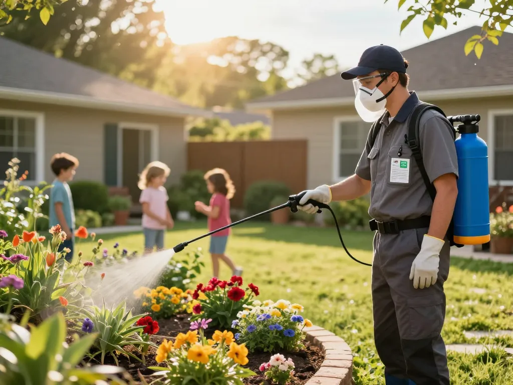 Pest control technician applying eco-friendly solutions for pest management in a family-friendly backyard.