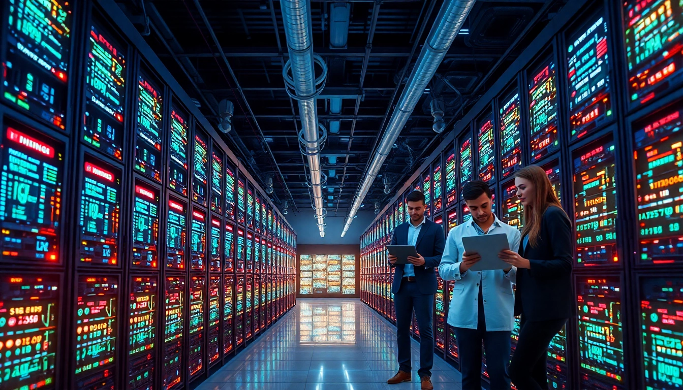 dogecoin cloud mining scene with advanced ASIC miners and professionals collaborating