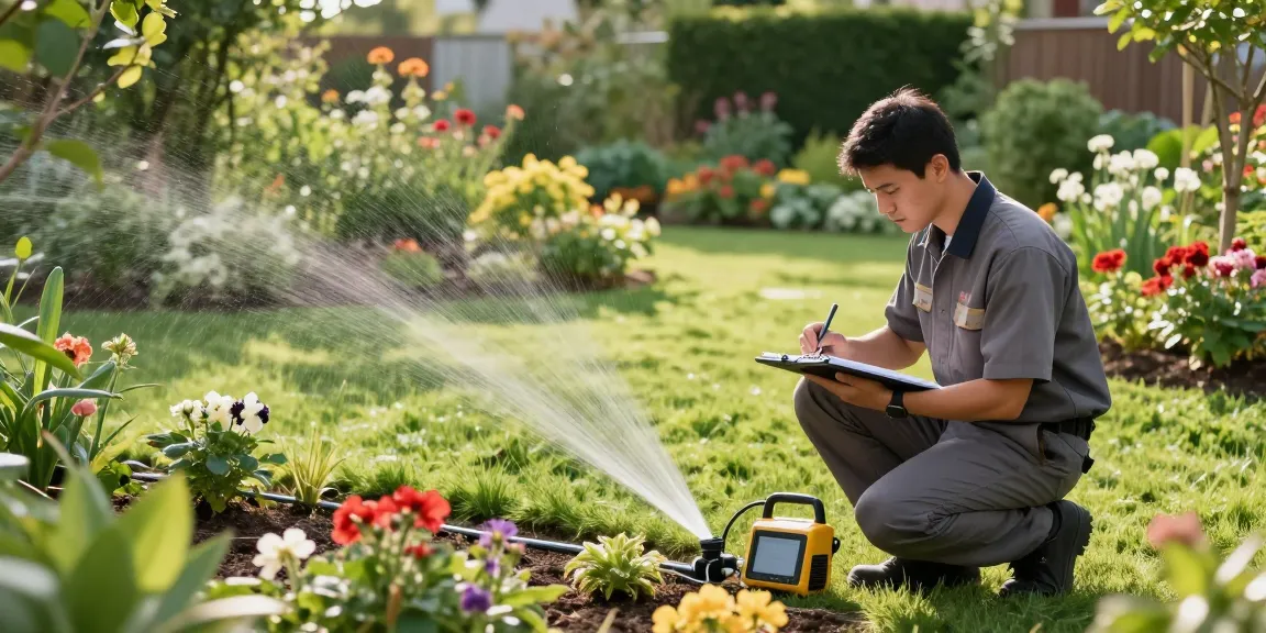 Professional Irrigation Services in White settlement, TX, showcasing an expert technician inspecting an efficient drip irrigation system in a vibrant garden.