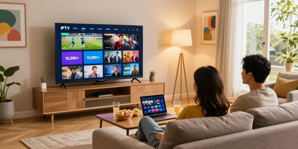 Couple enjoying IPTV subscription reviews by watching diverse channels in a cozy living room.