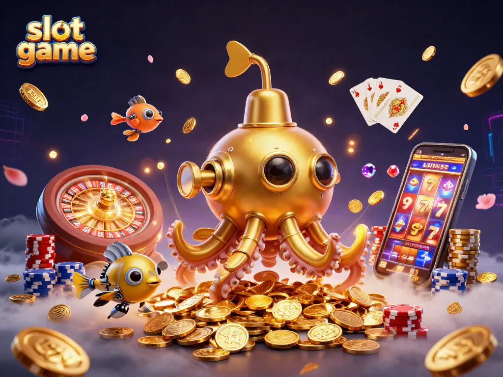 Engage with slot game excitement in a fun 3D cartoon scene full of golden coins and vibrant casino elements.