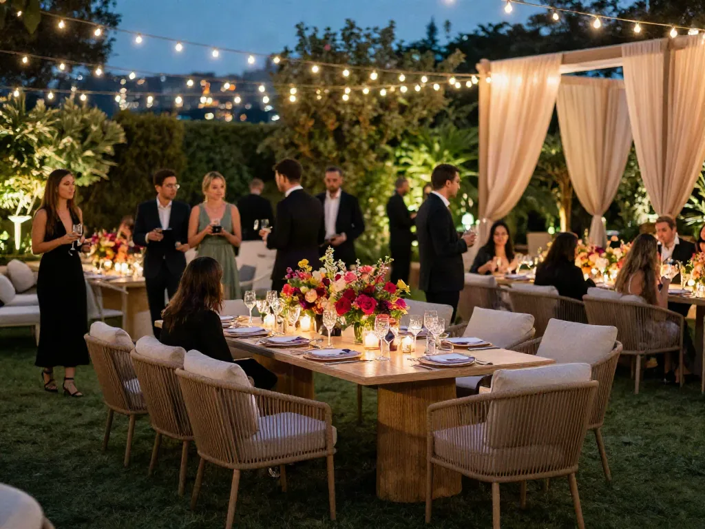 Event furniture rental setup featuring elegant outdoor banquet table with premium seating and ambient lighting.