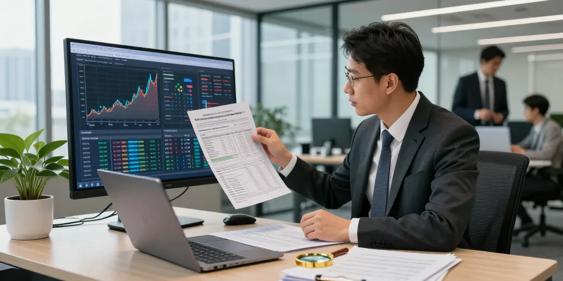 Focused financial analyst reviewing asset tracing reports in a modern office.