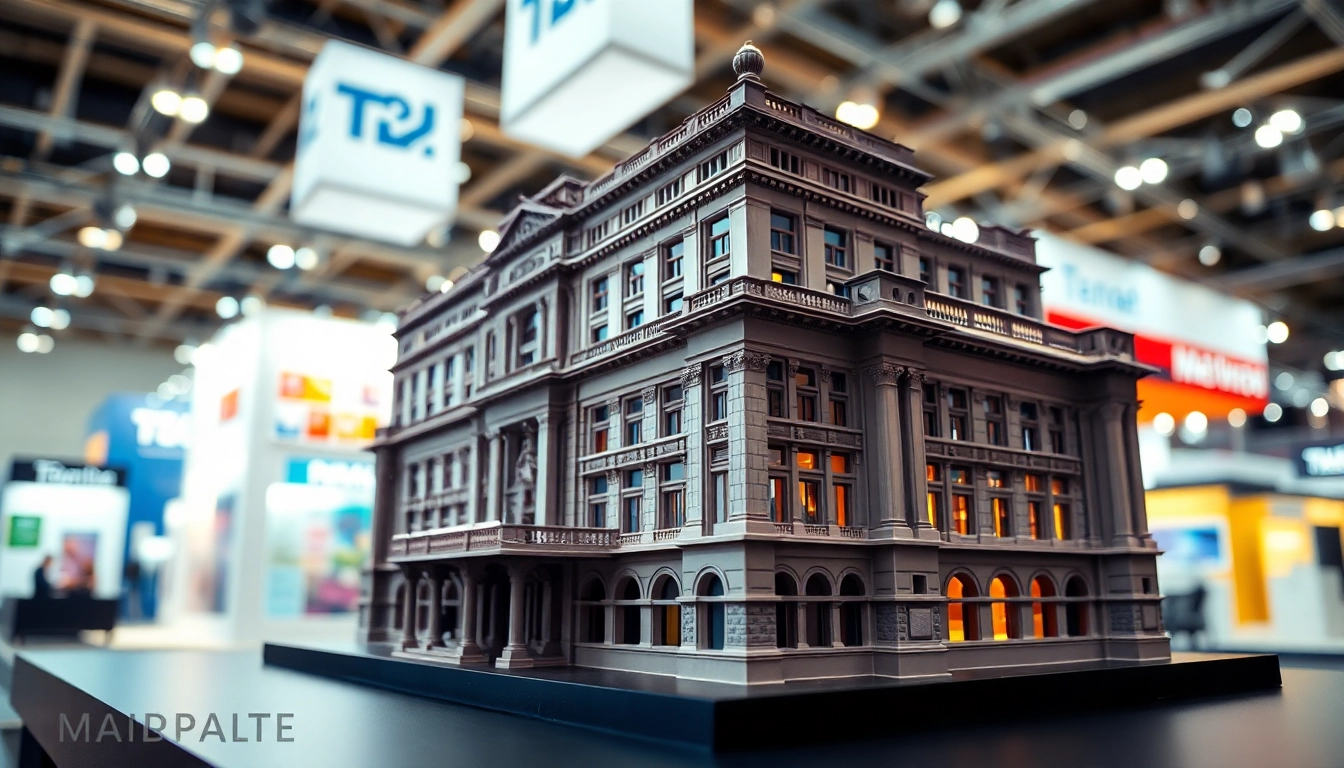 Messemodell in einem gut beleuchteten Messeumfeld zeigt detaillierte architektonische Merkmale.