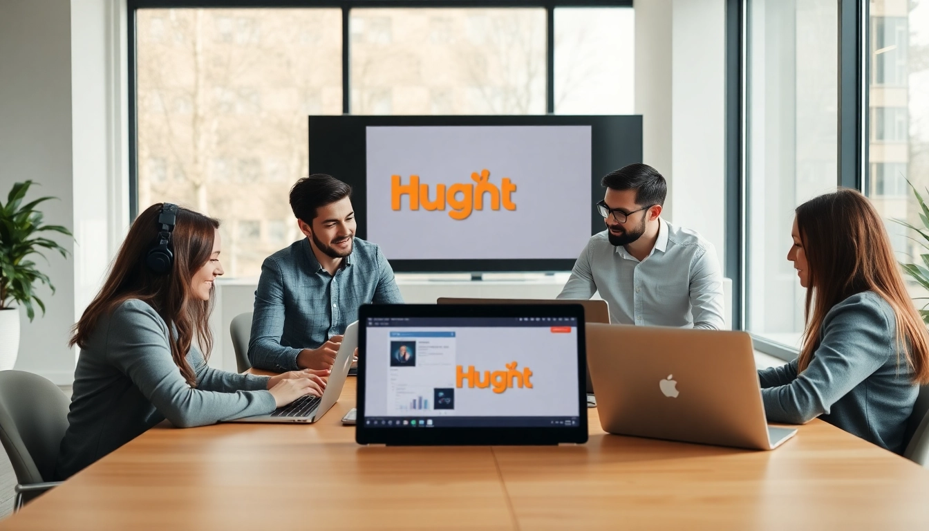 Collaborative marketing team using hubspot free software in a modern office.