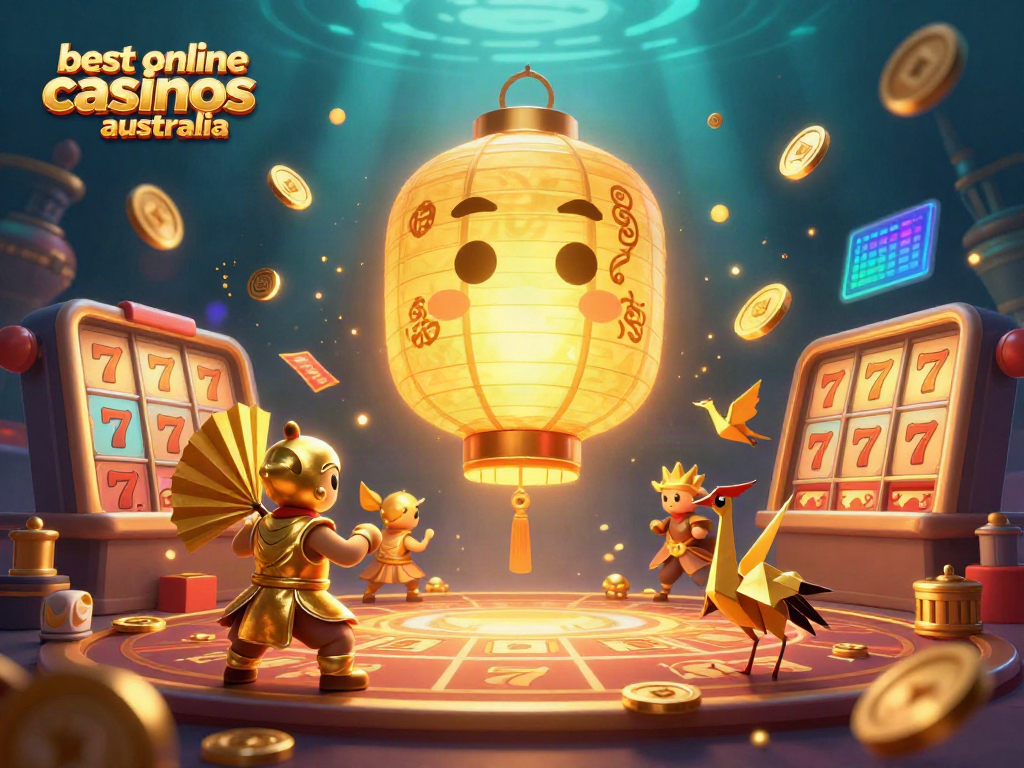 Explore the vibrant scene of the best online casinos in Australia featuring animated gaming elements and dynamic characters.
