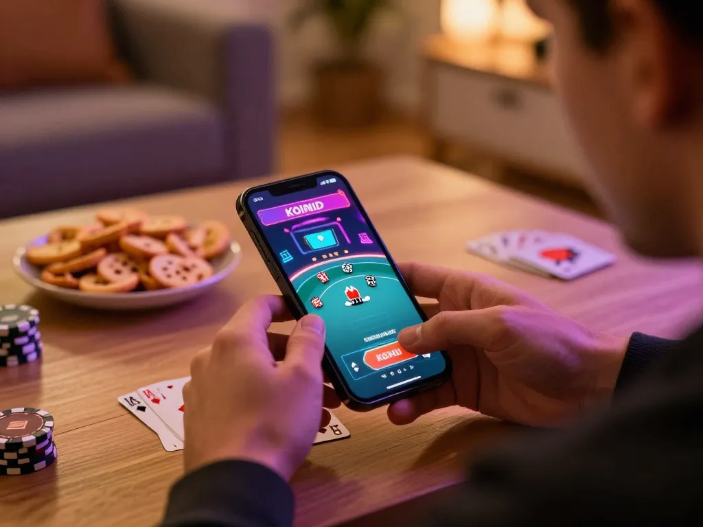 KOINID user celebrating a win during online poker gameplay with vibrant casino-style ambiance.