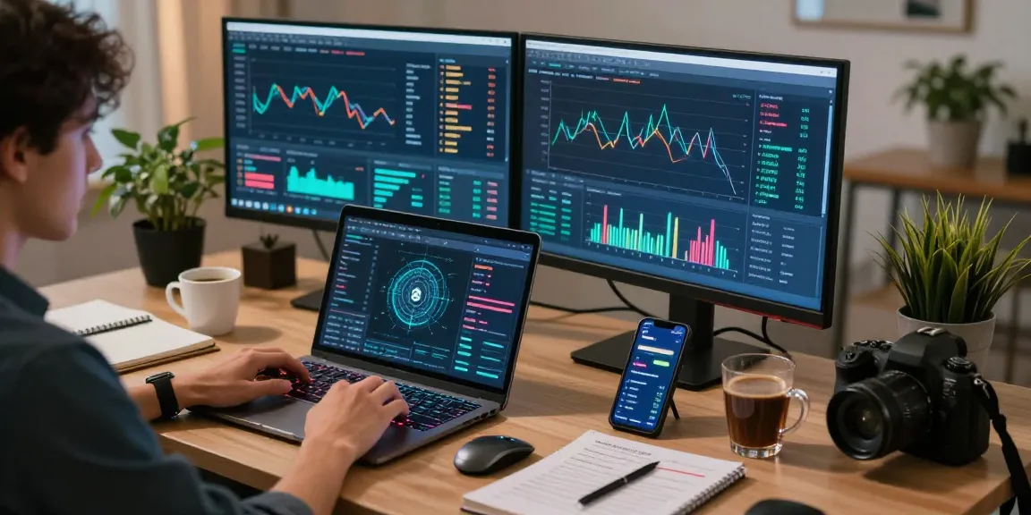 Eco friendly crypto mining analysis in a high-tech digital workspace featuring blockchain screens and trading tools.