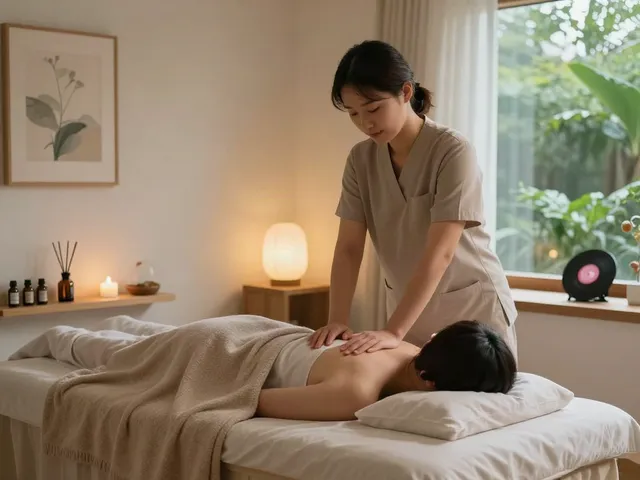 신림동출장마사지 relaxing home massage environment with essential oils and calming atmosphere.