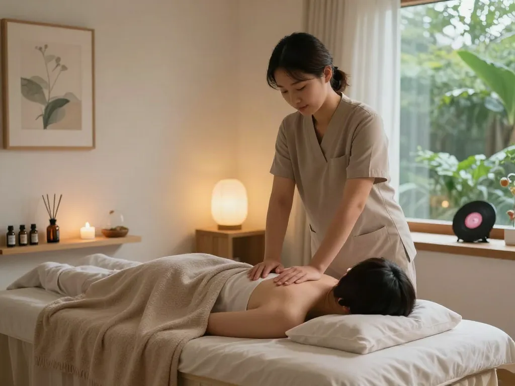 신림동출장마사지 relaxing home massage environment with essential oils and calming atmosphere.
