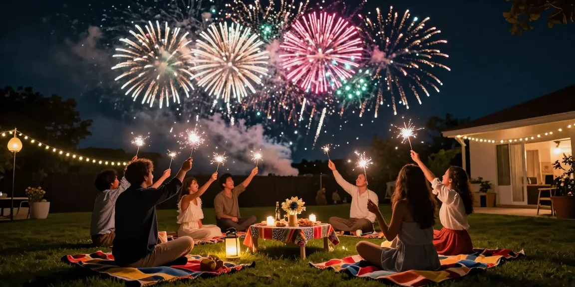 Enjoy a vibrant fireworks display at a backyard celebration in Manchester, showcasing colorful explosions in the night sky while people celebrate with sparklers.
