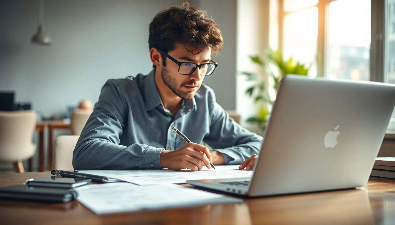 Engaging scene of proposal writing and management featuring a focused professional drafting a proposal.