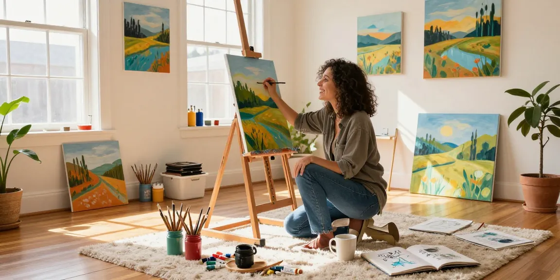 Artist painting easy to paint pictures in a bright home studio.