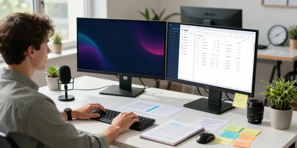 SEO services expert analyzing data on dual monitors in a modern marketing workspace.