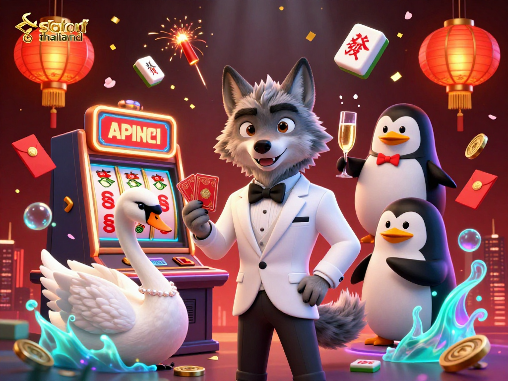 Experience slot thailand thrills with a debonair wolf, swan dealer, and penguin sommelier in a vibrant casino scene.