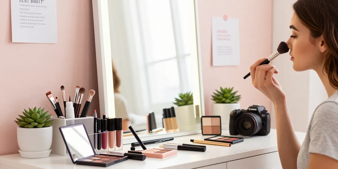 Applying makeup with an angled makeup brush in a bright vanity setting with Skone Cosmetics products.