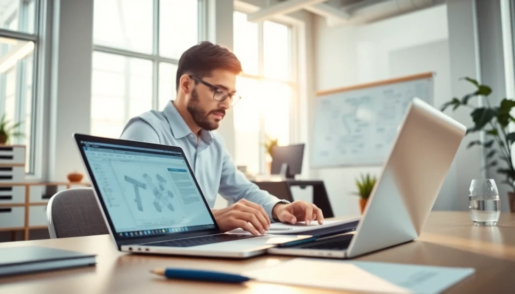 Crafting Technical Documentation Services in a modern workspace with an open laptop and bright lighting.