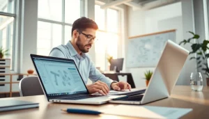 Crafting Technical Documentation Services in a modern workspace with an open laptop and bright lighting.