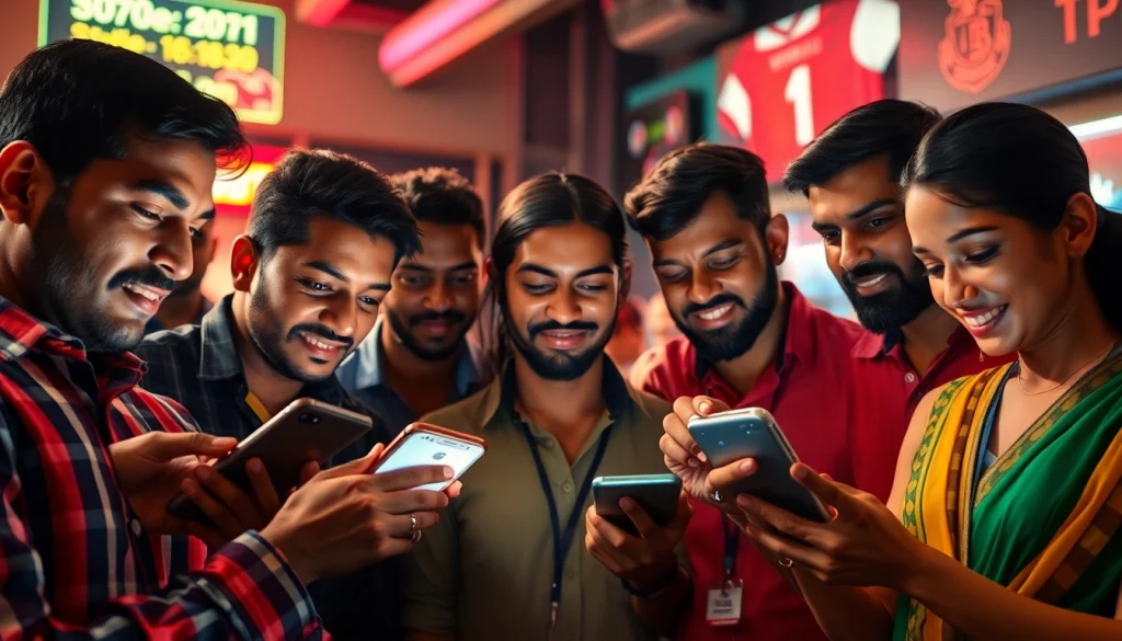 Engaged individuals enjoying sports betting in India, analyzing statistics on mobile devices.