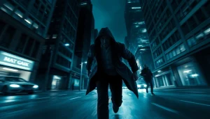 Engaging scene highlighting a fast-paced thriller chase with dramatic lighting and urban tension.