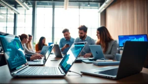 Harnessing Technology in a modern office with diverse teams collaborating on digital devices.