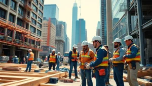 Engaged team of New York Commercial General Contractor professionals collaborating on a bustling construction site.