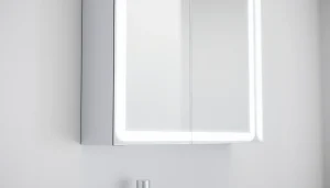 Spiegelschrank mit LED Beleuchtung im Badezimmer zeigt stilvolle und moderne Elemente.