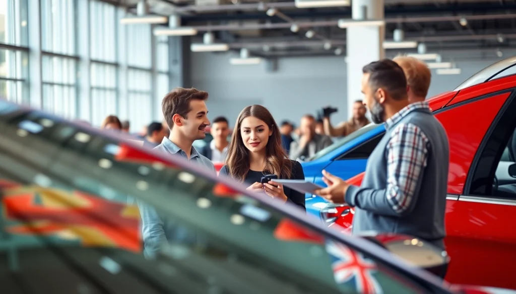 Buy a car: A couple enthusiastically exploring vehicle options at a modern dealership.