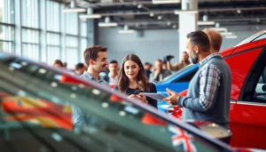 Buy a car: A couple enthusiastically exploring vehicle options at a modern dealership.
