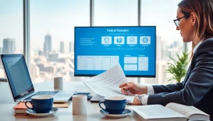 Consultant navigating registration and certification in Federal databases with analytical tools in a bright office.
