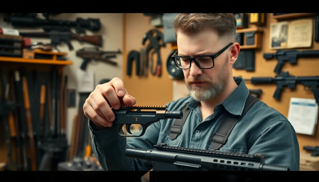 Showcasing a forced reset trigger for sale in a professional workshop setting.