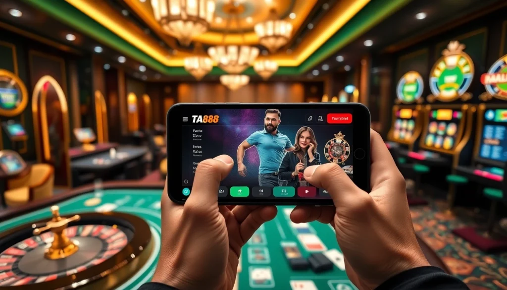 Players engaging with the TA88 app for online betting at a vibrant casino table scene, showcasing excitement and luxury.