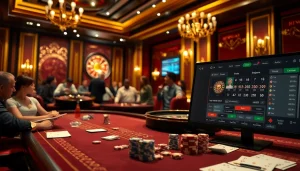 Bong da lu gamblers strategizing at a luxurious casino table with cards and chips.