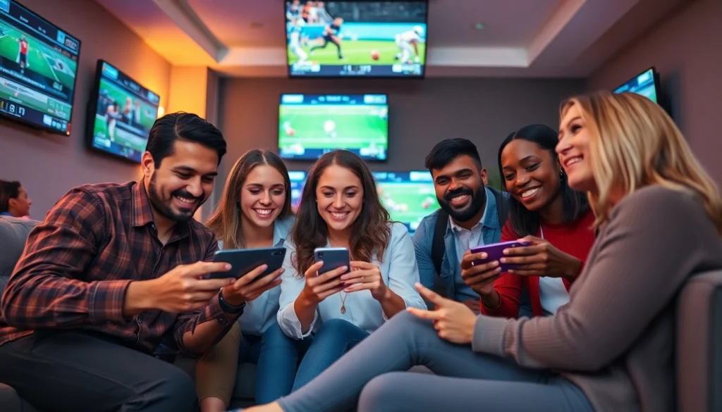 Dynamic group enjoying sports betting apps Oklahoma in a lively setting with screens and mobile devices.