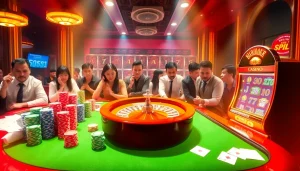 Players enjoying an engaging casino experience at nh88vn.net with vibrant poker chips and a roulette wheel.