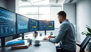 Web scrapping work station with financial charts and coding interfaces