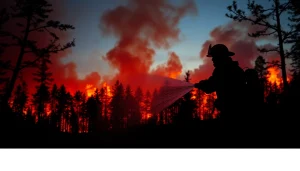 Firefighter battling Wildfire events amidst a dramatic forest blaze with smoke and fire.